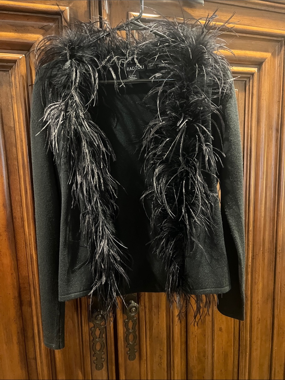 Radzoli Black Feather-Trim Knit Shrug